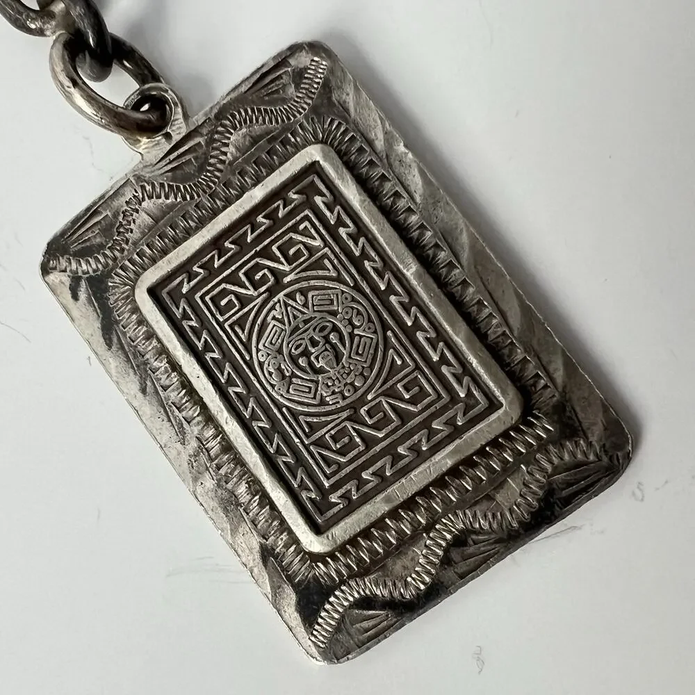 Vtg Sterling Silver 925 Mexico Rectangle Mayan Calendar Aztec Face Keychain